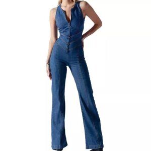 NWT Women Backless Denim Jumpsuit Heart Cutout One-Piece Sleeveless Romper - Med
